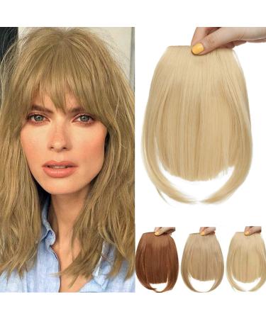 Clip in Hair Bangs Fringe Bangs Hair Extensions Straight Bangs with Temple Hairpieces Thick Full Neat Front Bangs Hair Piece for Women Golden mix Bleach Blonde