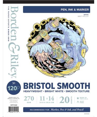 Borden & Riley 120P Bristol Smooth Paper Pad  11 x 14  270 GSM  20 White Sheets  1 Pad Each (12PP111420)