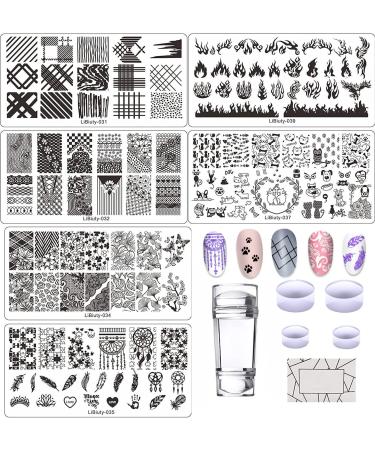 Jeewheet 6PCs Nail Schablone 1 Nail stamp 1 nail scrap with 4 replacement heads for nail art nail polish nail starter kit pattern flame 6PCS-B