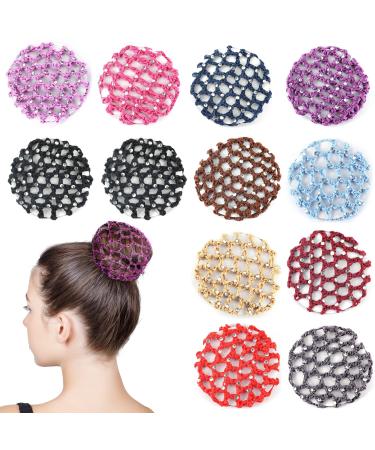 Hair Net Chignon 12 Bun Hairstyle Aid Fabric Knot Net with Glitter Rhinestones Hair Net Riding Tournament Set for Gymnastics Rhythmic Gymnastics Ballet Figure Skating