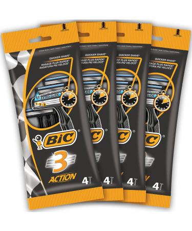 BIC 3 Action Razor men 16 disposable razors with 3 blades each with aloe vera for a quick gentle shave black 4 pieces (1 Pack)