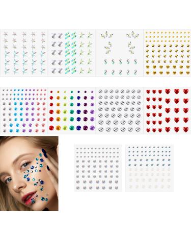 10 Sheets Eye Body Face Gems Jewels Hair Gems Rhinestone Stickers Self Adhesive Makeup Crystal Diamond Heart Dots Stickers Face Gems for Women Nail Art Decoration Wedding Festival Accessories