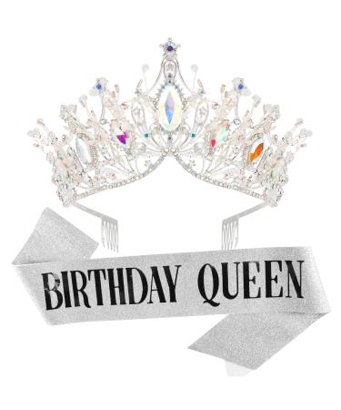 COCIDE Birthday Queen Sash & Crystal Tiara Set Birthday Silver Tiara and Crowns for Women Birthday Sash for Girls Birthday Decorations Set Rhinestone Headband Hair Accessories Glitter Sashes for Party Aurora Borealis+sil...