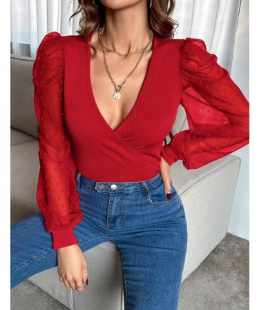 Fayenne Womens Tops Deep V Neck Cross Wrap Sexy Tops Polka Dot Mesh Long Sleeve T Shirt Casual Blouses S Red - Buy Online on SooperMarket.com