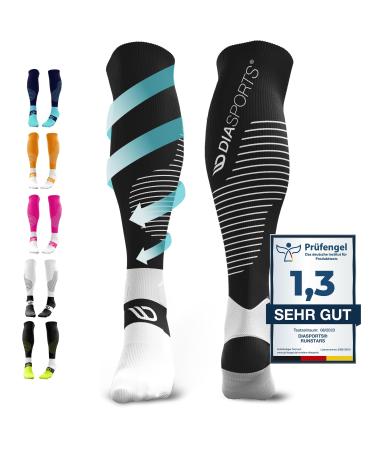 Diasports runstars compression socks for sports running marathon and triathlon |Runstars Premium compression socks with even compression and reinforced heel for women and men black/white S