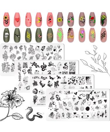 RUNRAYAY 4Pcs Animal Theme Nail Art Plates Snake Flower Butterfly Nail Image Stamp Templates Stamping Kit DIY Print Manicure Salon Design