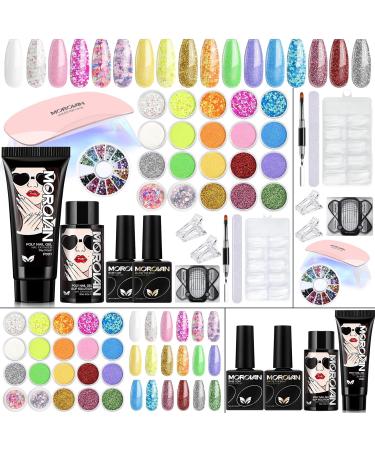 Morovan poly gel starter set - glitter clear poly gel nails set 20 coly gel starter set with UV lamp with base coat top coat UV and slip solution poly gel suitable for women to make nailart