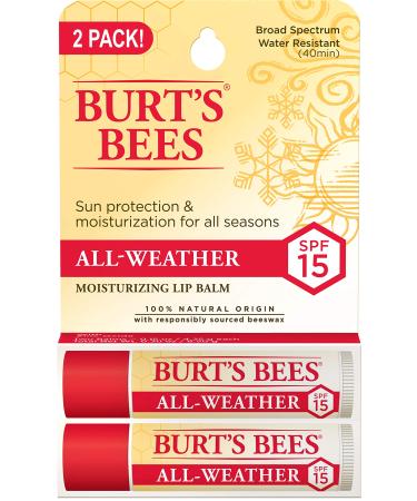 Burt's Bees Lip Balm Stocking Stuffer, Moisturizing SPF 15 Lip Care Holiday Gift, 100% Natural with Sunscreen, Water Reistant, All-Weather (2 Pack) All-Weather SPF15, 2 Count 2 Count