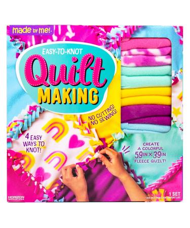Made By Me Easy-to-Knot Quilt Making by Horizon Group USA, Create a 59 x 39 Fleece Quilt, No Cutting or Sewing Necessary, Includes 20 Fabric Squares & Felt Embellishments, Learn 4 Ways to Knot Fleece Quilt Kit Multicolor