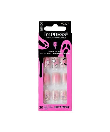 KISS imPRESS Press-On Manicure Halloween Pink Short Length Square Shape PureFit Technology Chip Proof Smudge Proof Waterproof Prep Pad Mini Nail File Manicure Stick & 30 Fake Nails Bad Bone