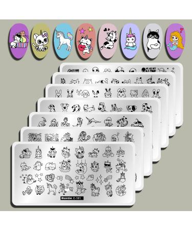 Cat Puppy Unicorn Nail Stamping Plate Kit Set, 7pcs Star Heart Cute Animal Design Nail Stamper Plate Rabbit Dogs Mermaid Image Stamping Plates Alien Dinosaur Nail Art Stamp Templates Stencils Tools
