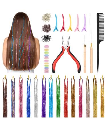 Xinzistar 14 Colors 2800 Strands Hair Tinsel Extension Kit Holographic Sparkle Hair Glitter Strands Rainbow Coloured Hair Extensions Fairy Dazzle Hair Extension for Festival Women Girls Kids Party