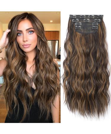 KooKaStyle Clip in Long Wavy Synthetic Hair Extension 20 Inch 4PCS Balayage Dark Brown to Chestnut Hairpieces Fiber Thick Double Weft Hair Extension for Women 20 Inch Balayage Dark Brown to Chestnut