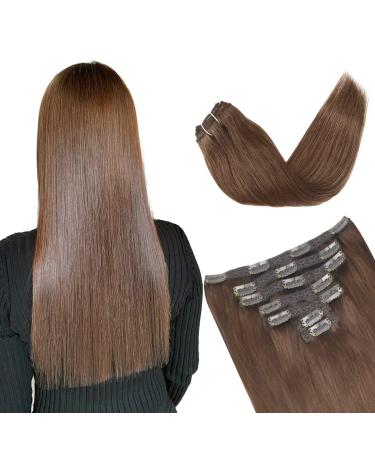 Vlasy Clip in Hair Extensions Human Hair Seamless Hair Extensions Clip in Real Human Hair 7 Pieces Straight Copper Brown Natural Thick Weft Human Hair Clip in Extensions for Women 8# 16 Inch(80 g) 16 Inch (80 g) 8# Copper Brown