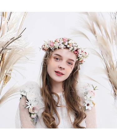 Hjhiwe Adjustable White Rose Bridal Crown - Boho Floral Headdress for Weddings & Photography - Rustic Beige Headband for Brides & Girls - Buy Online on SooperMarket.com