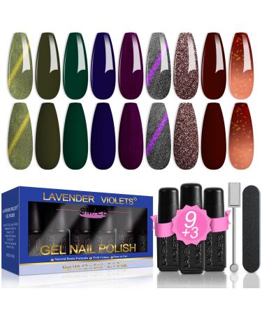 Lavender Violets 13 Pcs Gel Nail Polishes Set With New Sparkling Cat Eye Temperature Change Colour 9 Colours Nail Art UV LED Soak Off With Base Coat Matte n No Wipe Top Coat Nail File C638 Charming Beauty-638