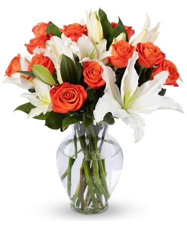 Benchmark Bouquets Orange Roses and White Oriental Lilies, With Vase (Fresh Cut Flowers)