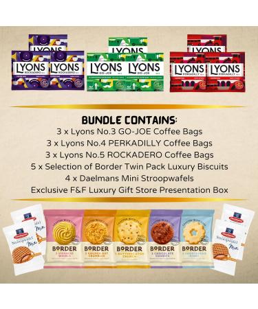 Coffee Gift Set - Variety Selection of Lyons Coffee Bags Bundled with Border Biscuits and Indulgent Caramel Stroopwafels - 18 Items in Gold Embossed Gift Box - Buy Online on SooperMarket.com
