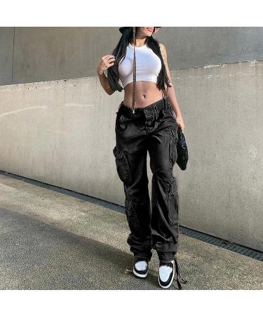 Gufesf Women's Baggy Cargo Pants - Trendy Low Waist Wide Leg Trousers with Big Pockets | Y2K Streetwear Fashion - Ak-a-black, Large - Buy Online on SooperMarket.com