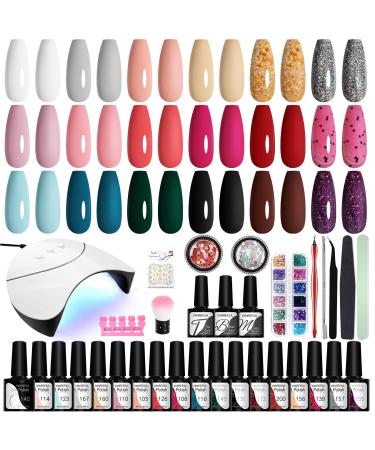 Gel Nail Polish Set with Lamp Starter Kit VANREESA 18 Colours Gel Nail Polish Kit Classic Popular Pink Red Dark Glitter Nail Gel Polish Set Soak Off Gel Nail Kit Gel Nail Salon Set Gifts for Women 33 Pieces Set