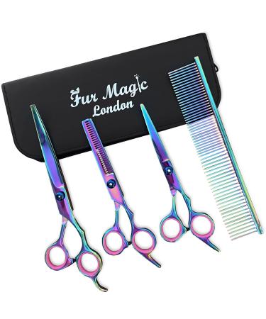 Fur Magic Dog Grooming Scissors Set 4 Pieces Stainless Steel Grooming Products for Dogs and Cats with Straight Scissors Thinning Scissors Curved Scissors and Grooming Comb