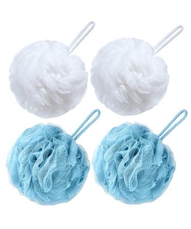 VANZAVANZU Bath Sponge Loofah Large 80g Shower Sponge Body Scrubber Mesh Pouf for Women and Men Set of 4 (Turquoise + White)