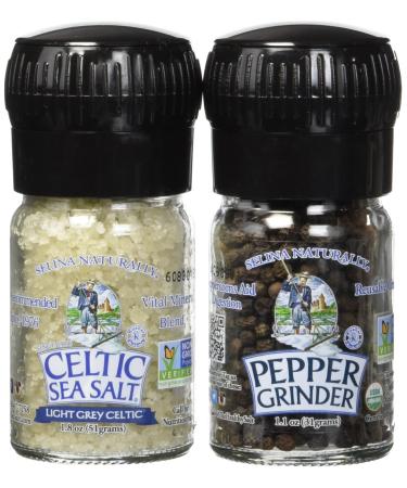 Celtic Sea Salt Organic Peppercorn and Light Grey Celtic Sea Salt Mini Grinders, 2.9 Ounces – Reusable, Refillable Glass Grinders with Additive-Free, Delicious Sea Salt and Peppercorn