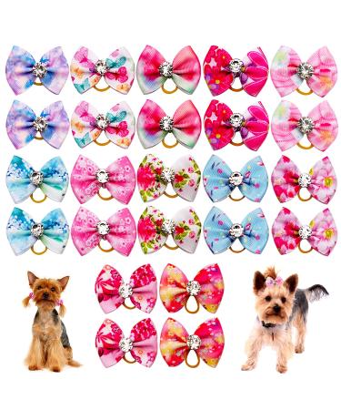 JpGdn24PCS/12Pairs Small Dogs Hair Bows with Rubber Band Puppy Hair Bows with Rhinestone for Girls Female Cat Kitten Bunny Rabbit Poodle Top Knot Elastic Hair Bowknot Grooming Accessories Attachment Florial Spring 24PCS
