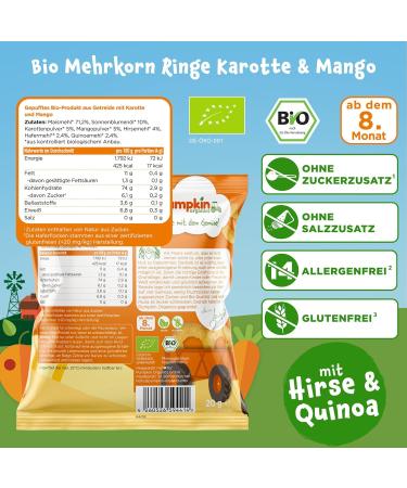 Buy Pumpkin Organics Children s Snack - Bio Multi-Grain Carrot & Mango (8-Pack) | Allergen-Free Gluten-Free Baby Snacks for Kids 12+ Months - Buy Online on SooperMarket.com