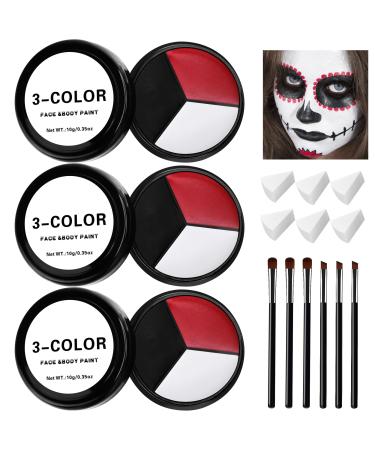 EBaokuup 3 Set Black White Red Face body Paint 3 Colors Clown Makeup Kit with Sponge and Brush Joker Face Body Paint for Halloween Cosplay Special Effect Makeup and Costume-Themed Party