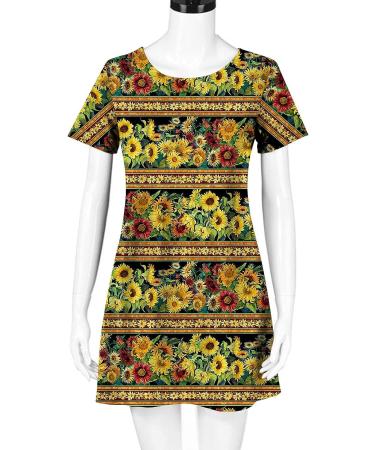 2022 Women's Casual Crewneck Tshirt Dress - Yellow Large, Tropical Print Boho Beach Sundress - Buy Online on SooperMarket.com
