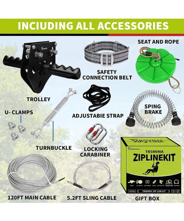 98ft Zip Line Kit for Kids & Adults up to 330lb | Zipline Spring Brake & Safety Harness | Trolley with Handle & Thickened Seat | Backyard Playground Entertainment - Green - Buy Online on SooperMarket.com