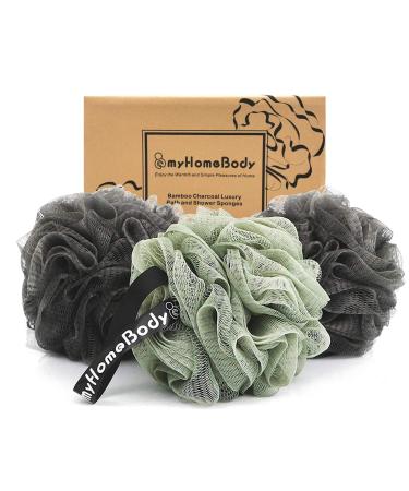myHomeBody Large 70g Loofah Sponge, Body Scrubber, Bath Sponge, Loofah for Women, Men | Exfoliating Sponge Shower Pouf with Activated Charcoal - 2 Graphite Gray + 1 Sage Green, 3 Pack