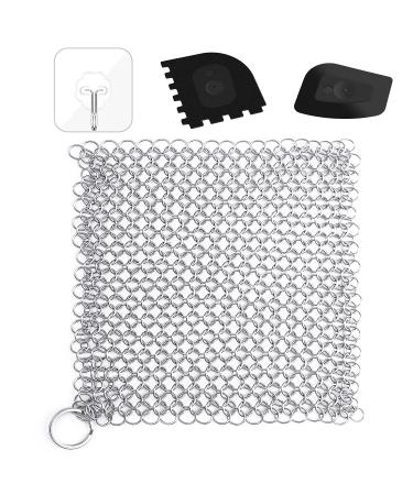 Cast iron cleaner made of stainless steel with robust plastic grill scrap and self -adhesive hooks 18 x 18 cm ring cleaner for oven grill pans cast iron pan or woke and more Dutch oven accessories