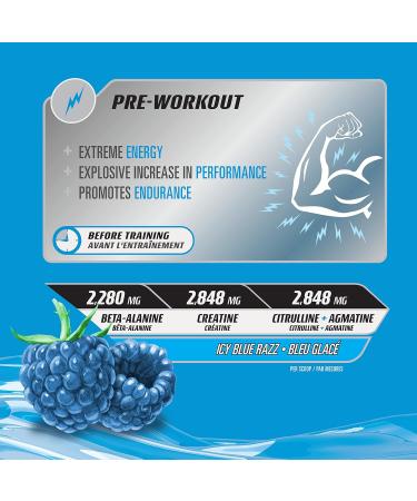Pre Workout Powder with Creatine HCL Beta Alanine L Citrulline Explosive Energy and Performance Icy Blue Razz Flavour 100% Clean: No Added Sugar Artificial Colours or Flavours - 170g - Buy Online on SooperMarket.com