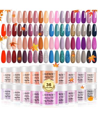 Lavender Violets 36 Colours Dip Nails Powder Starter Kit Blue Green Pink Red and Purple All Seasons Glitter Dipping Nail Powder Set for Beginners and Professionals DIY Manicure M952