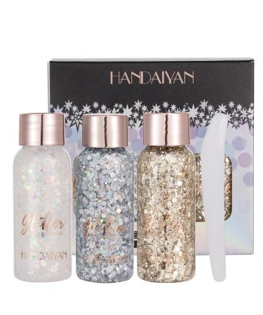 Mermaid Sequins Body Glitter  Long Lasting Chunky Holographic Face Glitter Gel  Sparkling Liquid Eyeshdow Loose Glitter Cream Set for Lip Hair Nail Festival Makeup 3 * 30g  (White+Silver+Champagne) SET-A