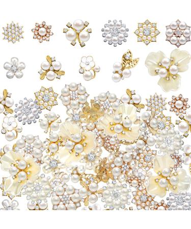 44 Pieces Pearl Rhinestone Buttons Rhinestone Faux Pearl Embellishments Pearl Brooch Alloy Floral Pendants for Jewelry Making Clothes Bags Shoes Supplies and Wedding DIY Gold