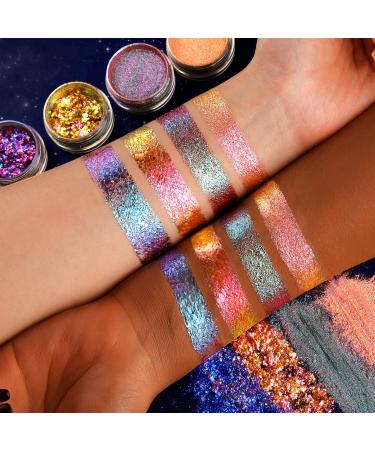 Multichrome Loose Glitter Eyeshadow Set with Brushes and Fixer - Holographic Sparkle and Duochrome Effects - Buy Online on SooperMarket.com