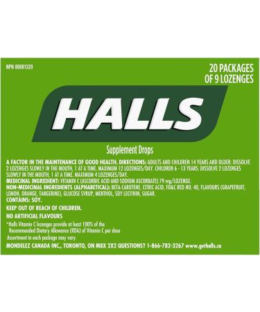 Halls Vitamin C Assorted Citrus Cough Drops 9 count 20 Packs Cough Drops Vitamin C 180 count (Pack of 1) - Buy Online on SooperMarket.com