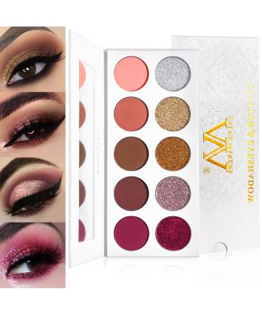5 Matte Nude Eyeshadow + 5 Pressed Glitter Eyeshadow Palette Highly Pigmented Mineral Self Adhesive Glitter Eye Shadow Brown Red Pink Orange Rose Gold Silver Long-Lasting Waterproof Big Makeup Palette