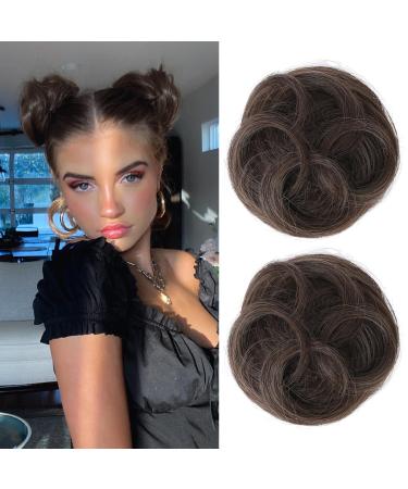 REECHO 2 PCS Mini Claw Clip in Messy & Cat Ears Hair Bun Extensions Wig Accessory Updo Hairpieces for Women Girls (Pack of 2-3.5" Wavy Cool Dark Brown) Pack of 2 - 3.5" Wavy Cool Dark Brown