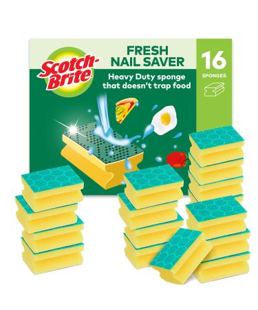 Scotch-Brite Fresh Heavy Duty Scrub Sponge 16 Pieces - Cleans Tough Messes without Trapping Food Green - Classic Stay fresh