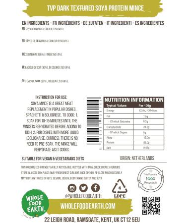 Wholefood Earth TVP Dark Textured Soya Protein Mince 250 g | GMO Free | High Fibre | High Protein Soy 250g - Buy Online on SooperMarket.com