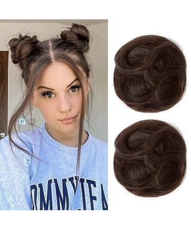 REECHO 2 PCS Mini Claw Clip in Messy & Cat Ears Hair Bun Extensions Wig Accessory Updo Hairpieces for Women Girls (Pack of 2-3.5" Wavy Dark Chocolate Brown) Pack of 2 - 3.5" Wavy Dark Chocolate Brown