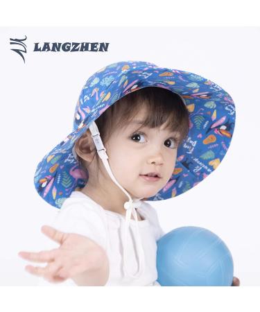 LANGZHEN Beach Sun Protection Hat for Baby Girls | Adjustable Toddler Kids Hat with Chin Strap | Flamingos & Toucan-Blue | 2-4 Years - Buy Online on SooperMarket.com