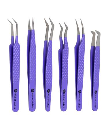 Abdul of Silakor Eyelash Extension Tweezers Set 6 Piece for Volume Lash Extensions Stainless Steel Eyelash Tweezers for Lash Extensions Isolation & Classic Lashes Tweezers Set (Purple)