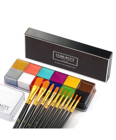 CCbeauty Professional 12 Colors Face Body Paint Oil Based Non Toxic Creamy Painting Palette for Halloween Costume Fancy SFX Cosplay Makeup with 10 Black Art Brushes, Deep