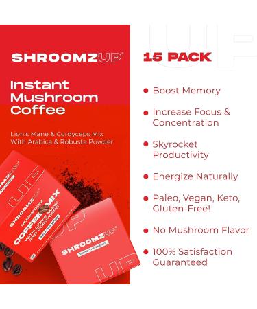 Shroomzup Mushroom Coffee Instant (15 Pack) - Lion's Mane and Cordyceps Superfood Coffee for Keto Vegan Paleo - Brain Focus & Productivity Boost - Buy Online on SooperMarket.com