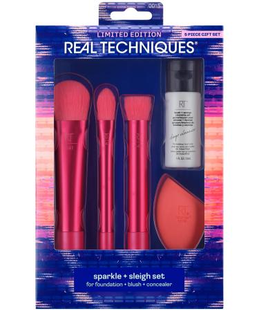 Real Techniques Limited Edition Sparkle + Sleigh Makeup Brush & Sponge Kit Makeup Spone Blender & Face Brushes For Flawless Finish 5 Piece Holiday Gift Set